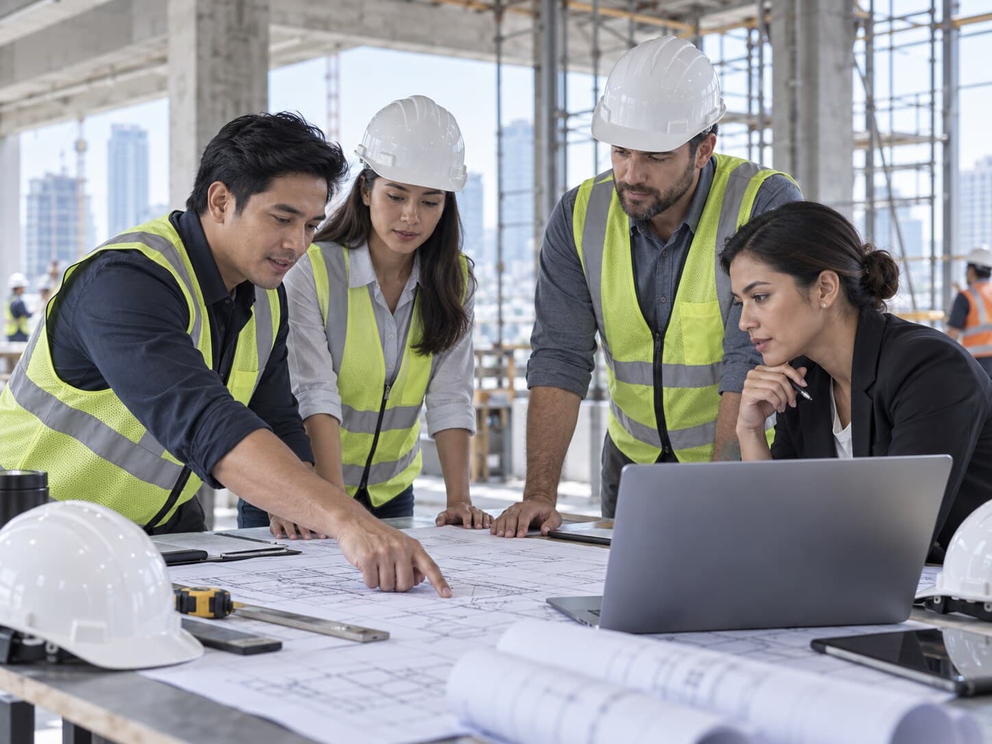 Construction project team reviewing plans together at an active commercial project site.