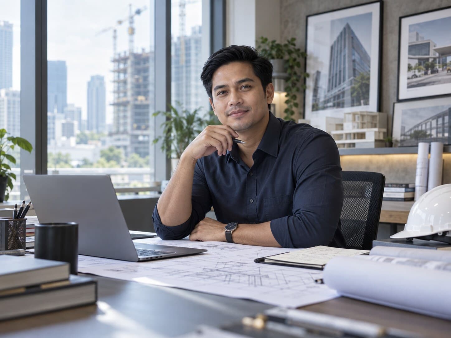 Filipino construction professional working at a desk with a laptop and printed construction plans in a modern construction workspace.