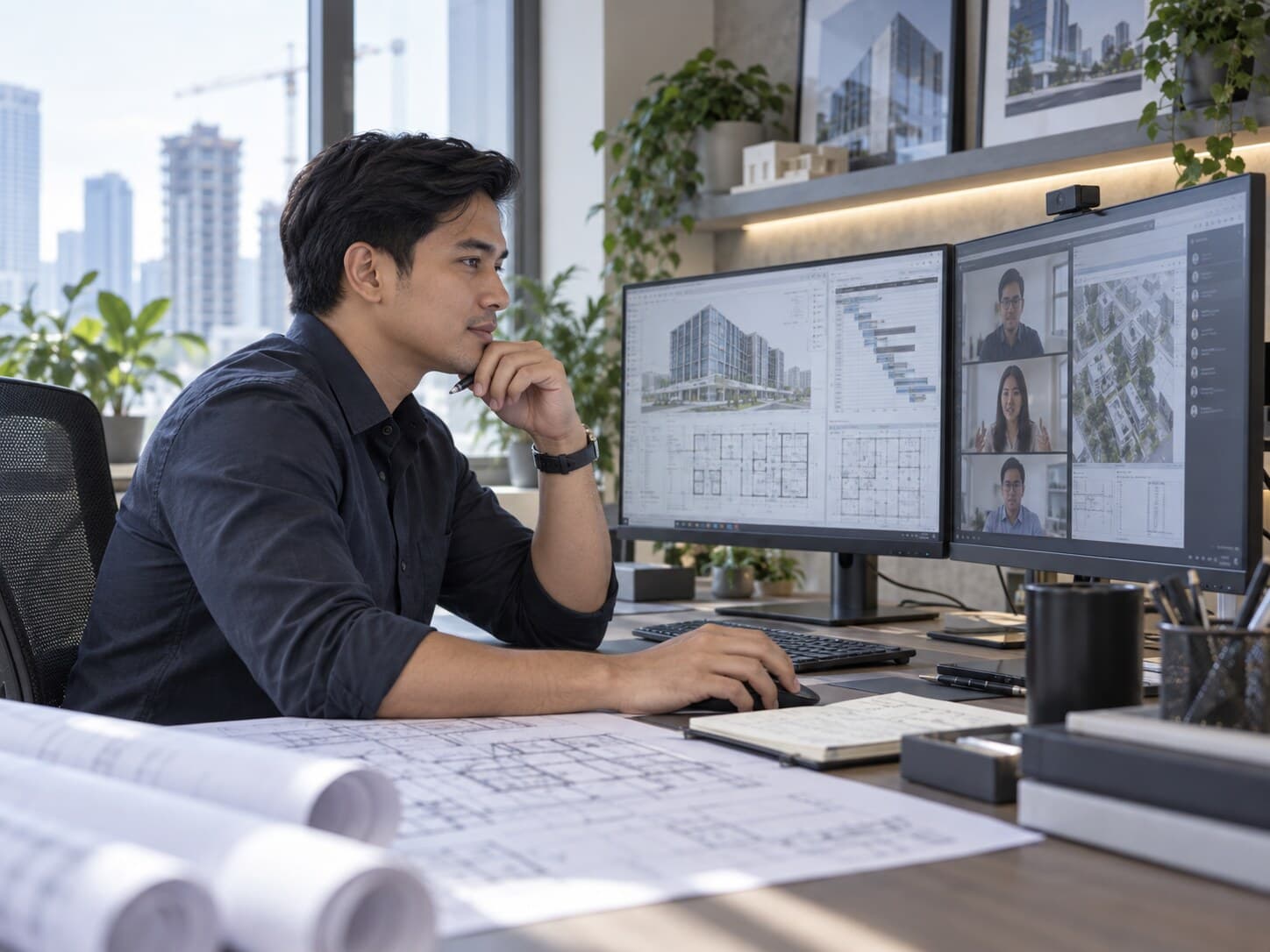 Filipino construction professional working on dual monitors with drawings, video coordination and project workflow tools.