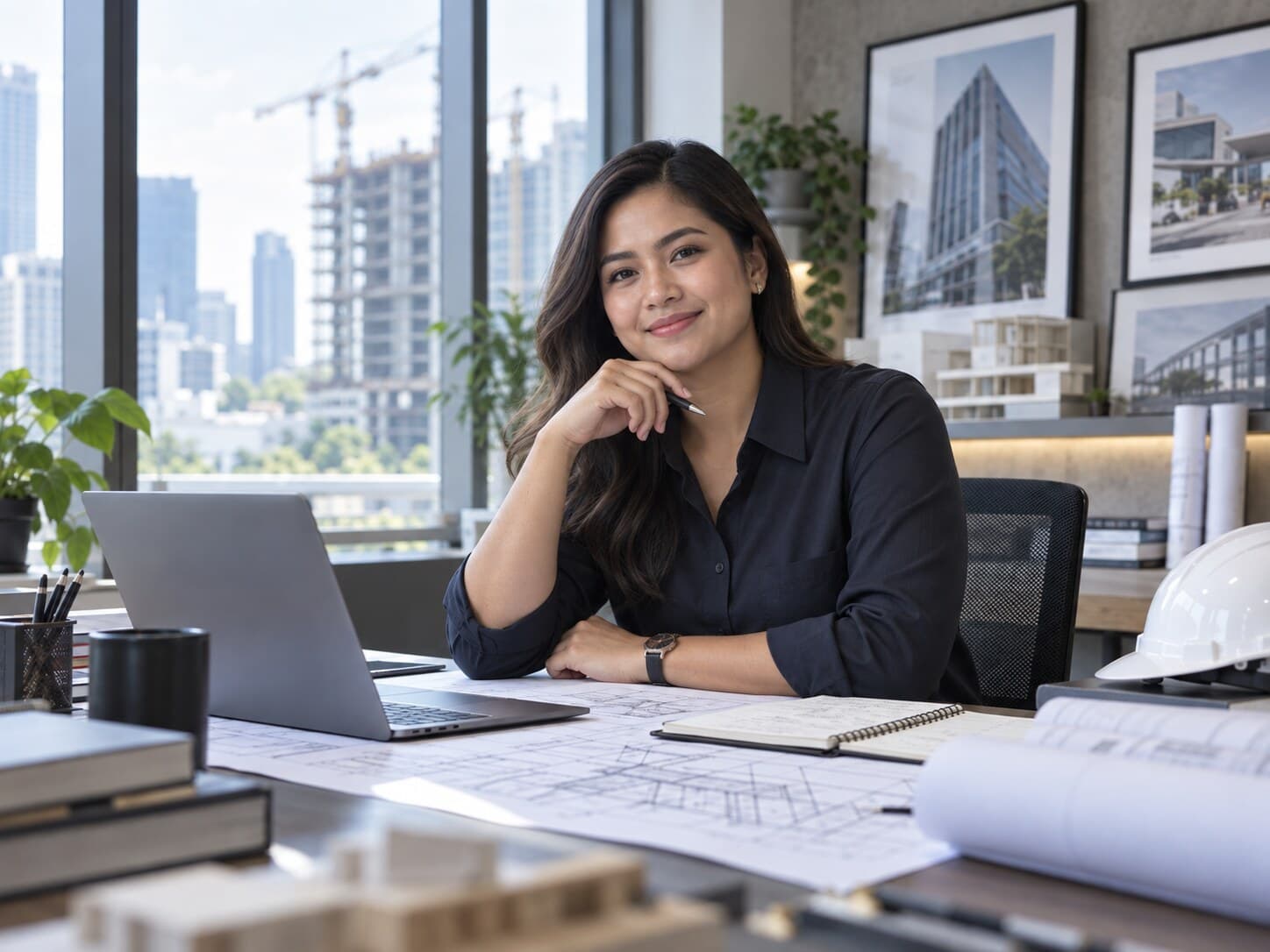 Filipino construction professional candidate seated at a desk with a laptop and construction drawings in a bright professional workspace.